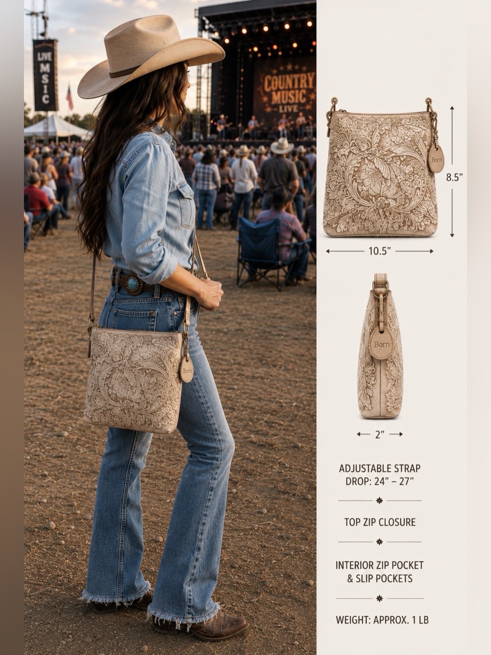 Born Floral Tooled Leather Floral Crossbody Bag
